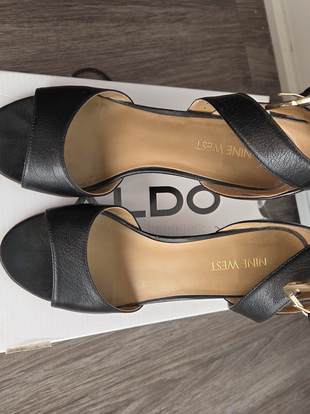 Nine West Black Leather Wedge Sandals with Gold Buckle